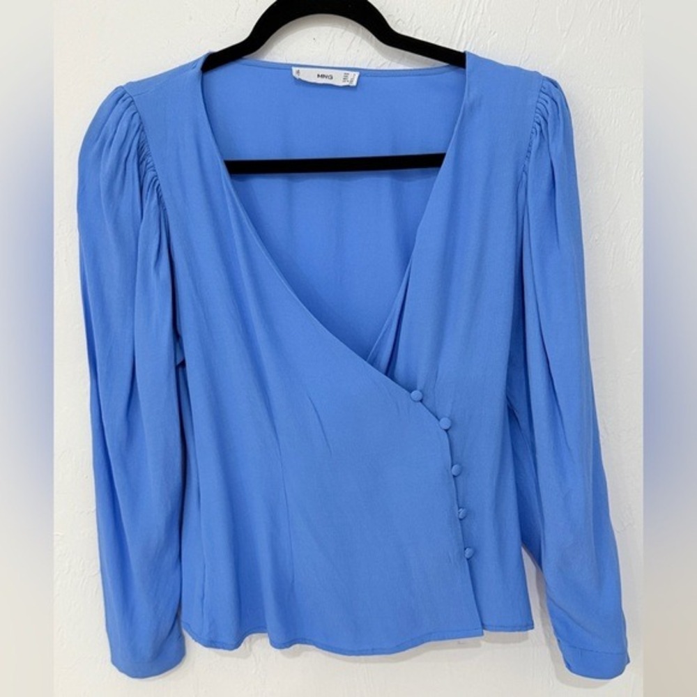 Mango MNG Blue Wrap Blouse‎ Puff Shoulder Long Sleeve Button Top Small